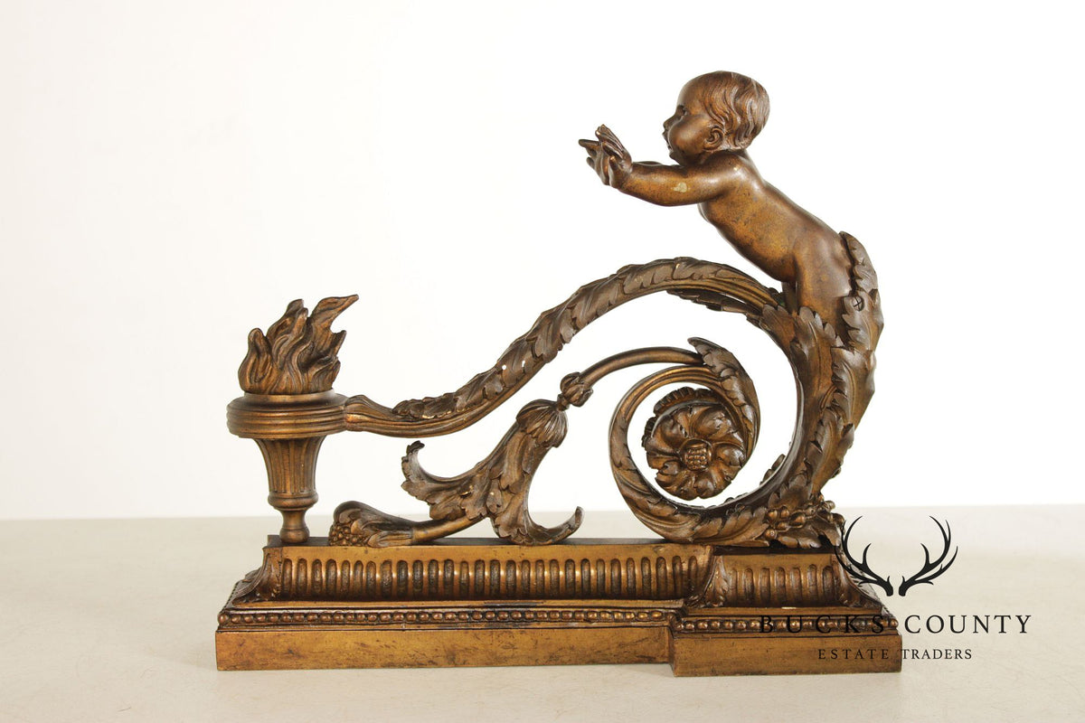 French Louis XV Style Antique Bronze Pair of Cherub Andirons