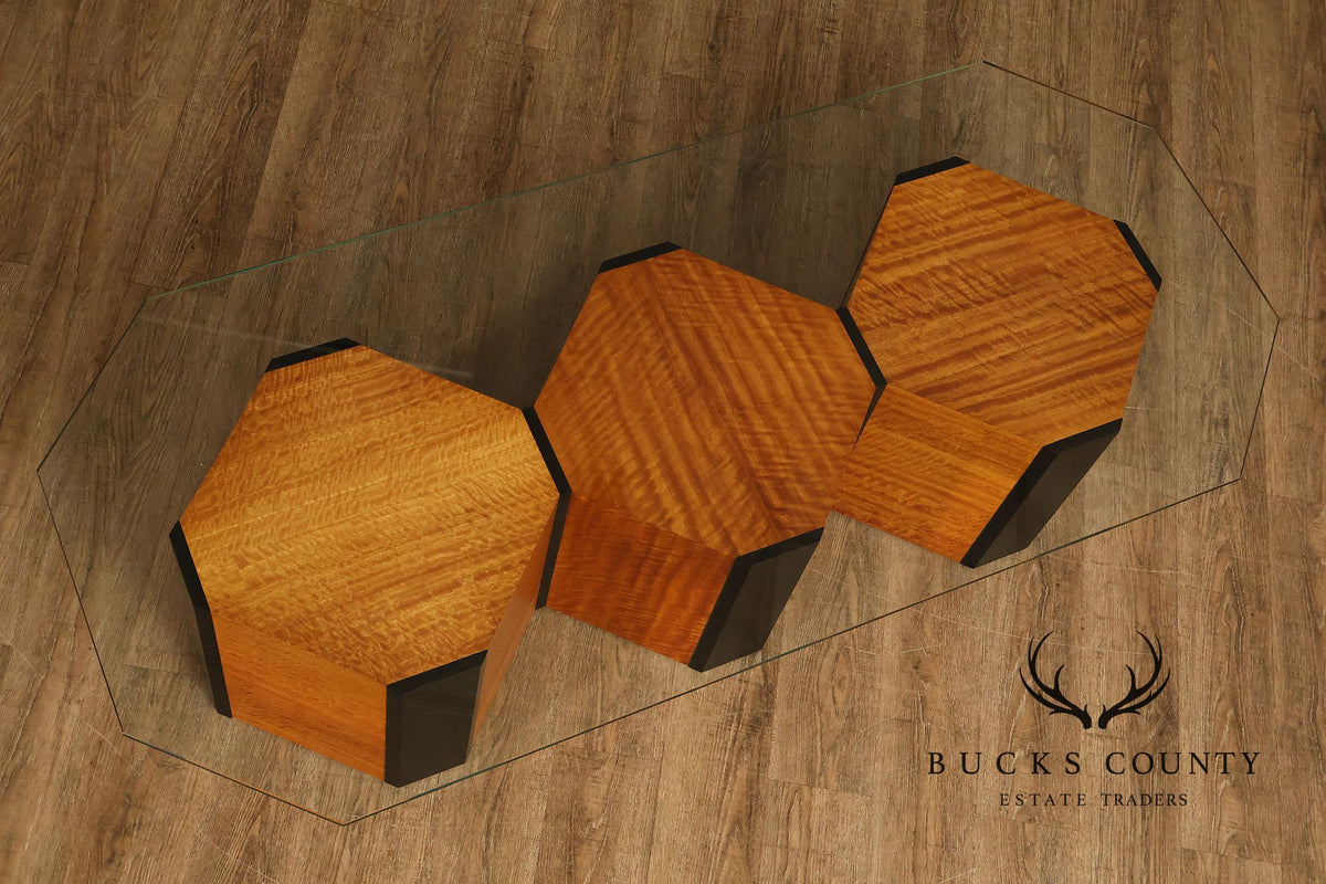 Honeycomb Style Glass Top Coffee Table With Figured Wood Base