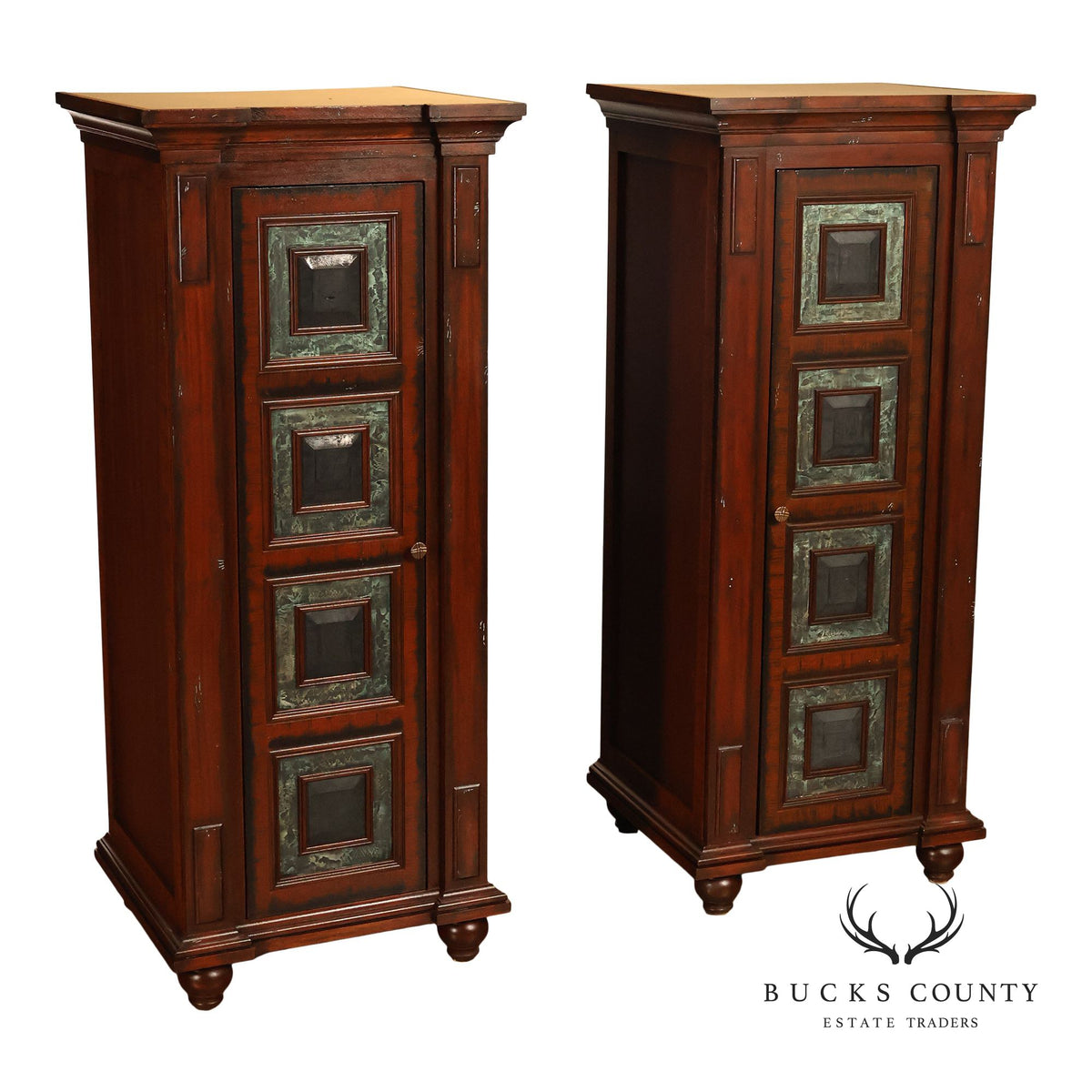 Custom Made Pair Of Custom Mahogany Cabinets With Faux Stone Inlay
