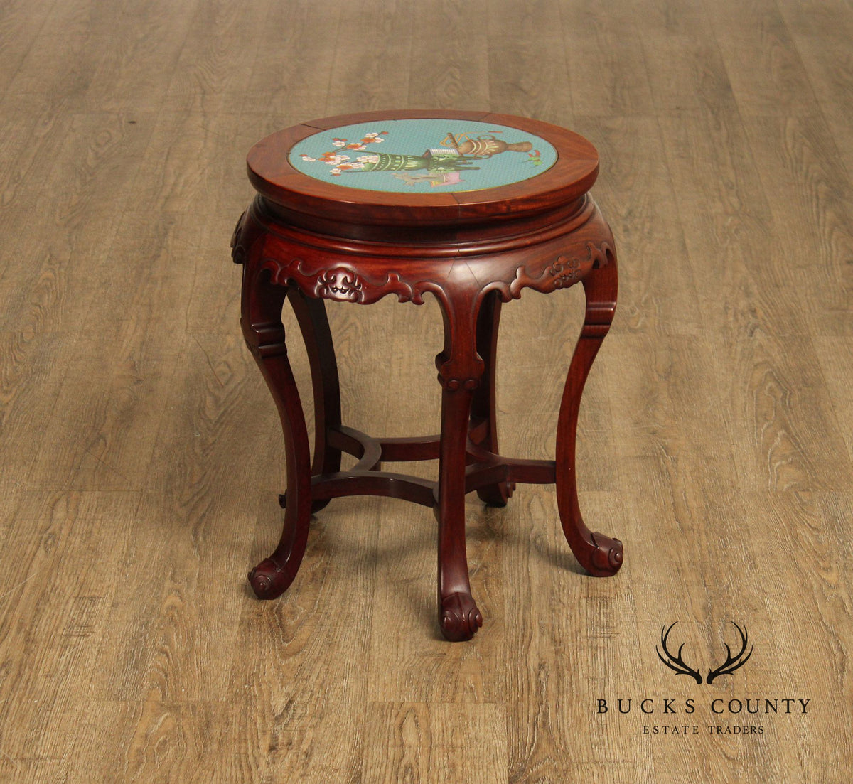 Pair of Chinese Style Cloisonné Inset Top Hardwood Accent Tables