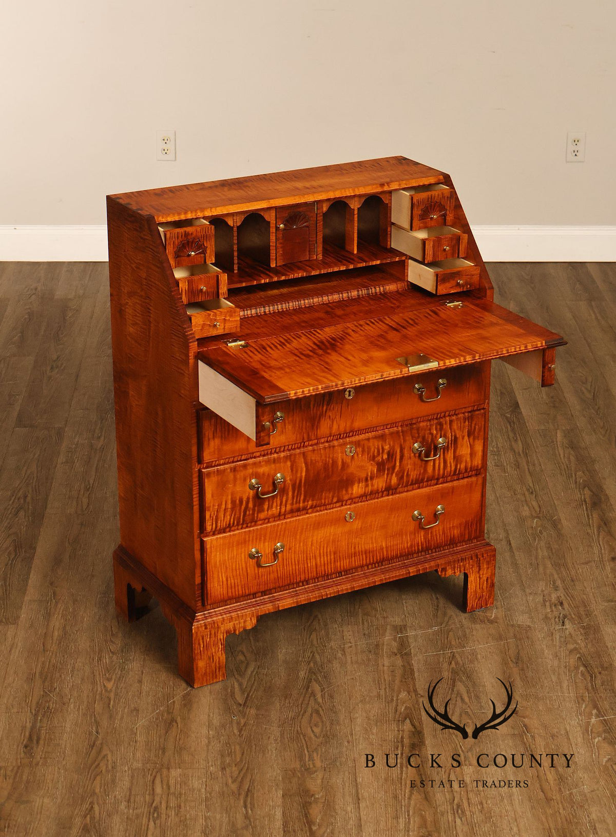 Custom Tiger Maple Slant Drop Front Secretary Desk