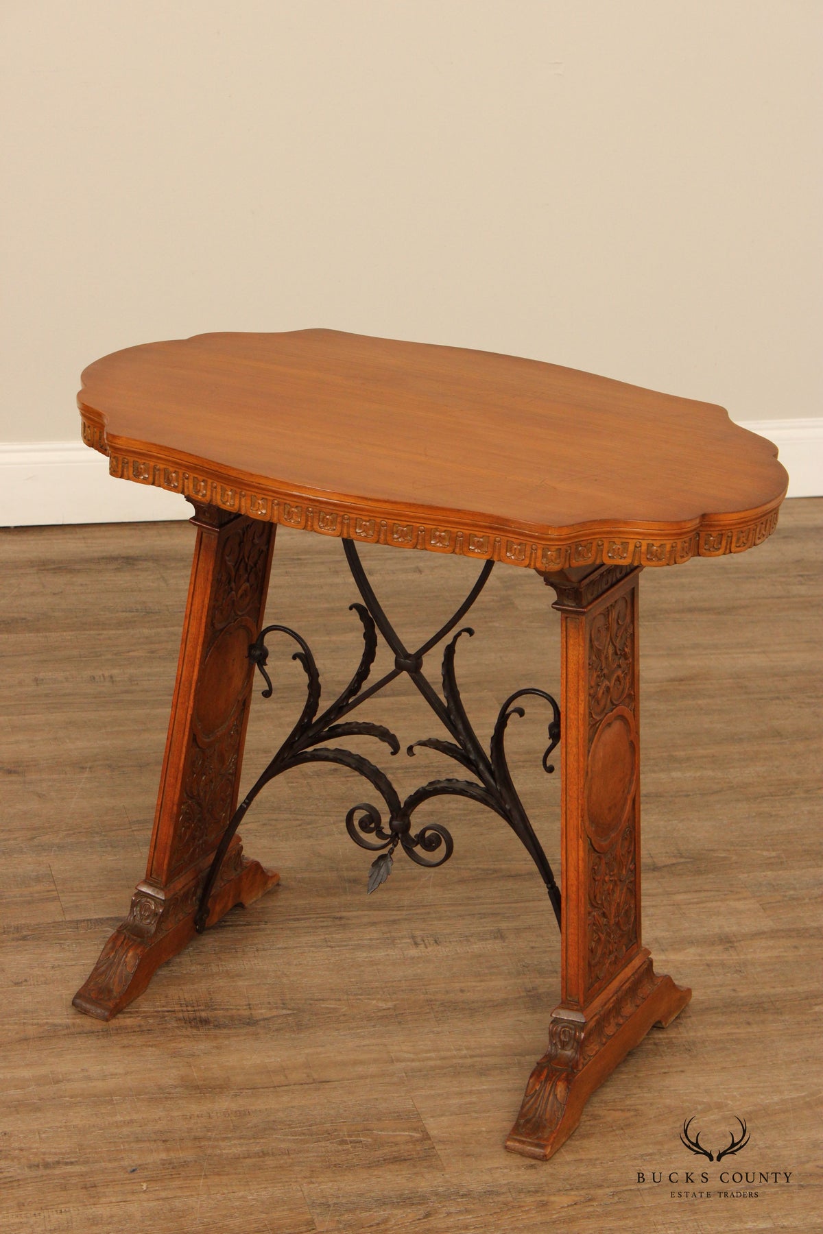 Antique Spanish Revival Carved Oak And Forged Iron Trestle Side Table