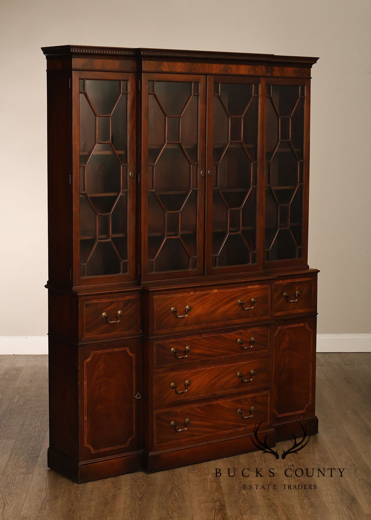 Georgian Style Mahogany Breakfront China Cabinet With Secretary Desk