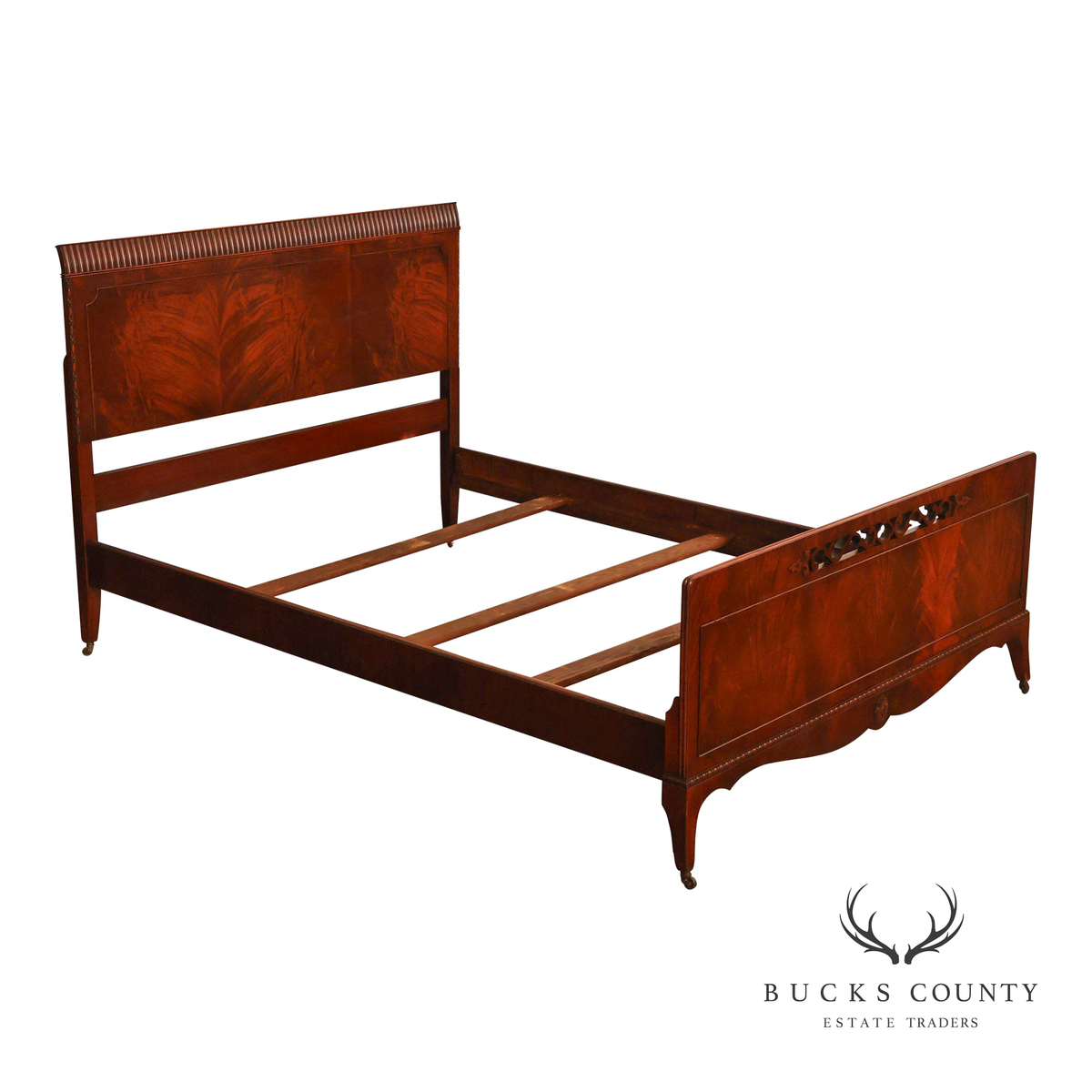 Vintage Federal Revival Mahogany Full Size Bed With Carved Fretwork