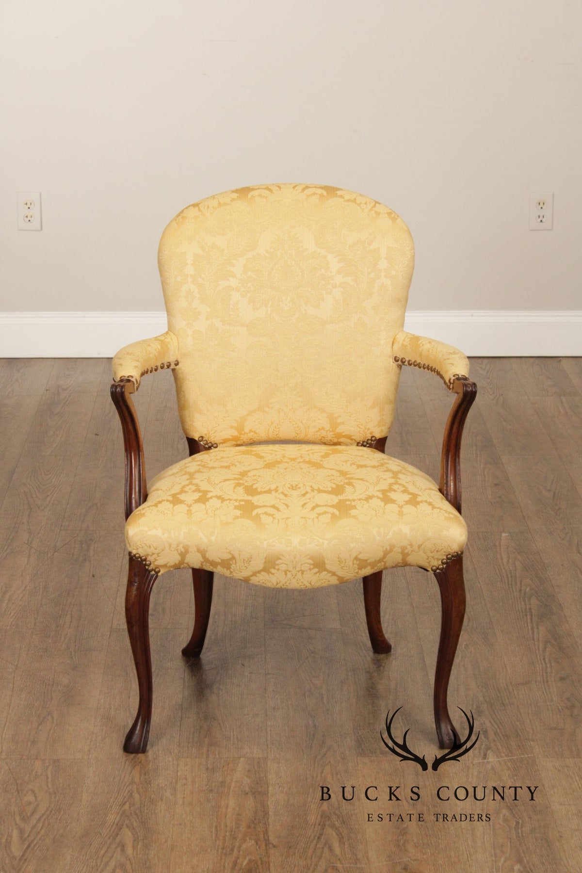 Queen Anne Style Vintage Pair of Mahogany Upholstered Armchairs