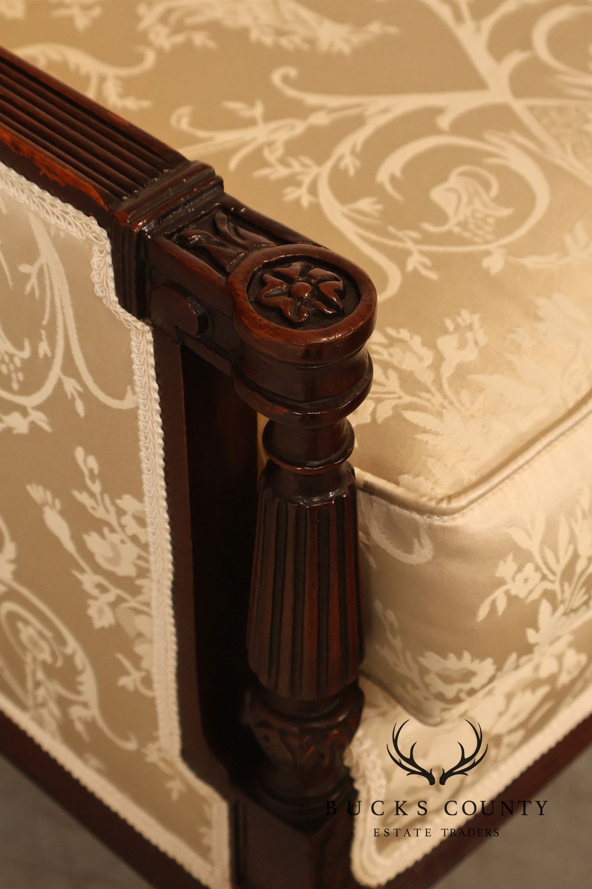 Federal Sheraton Style Upholstered Sofa With Carved Wood Frame