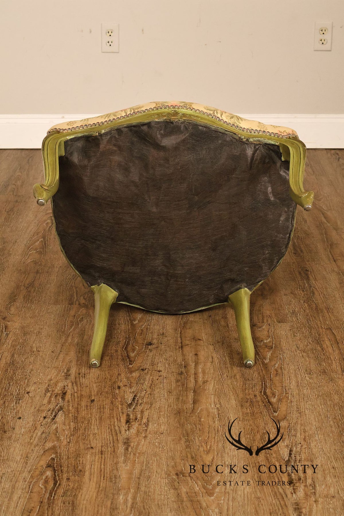 Vintage Louis XV Style Green Painted Floral Upholstered Armchair