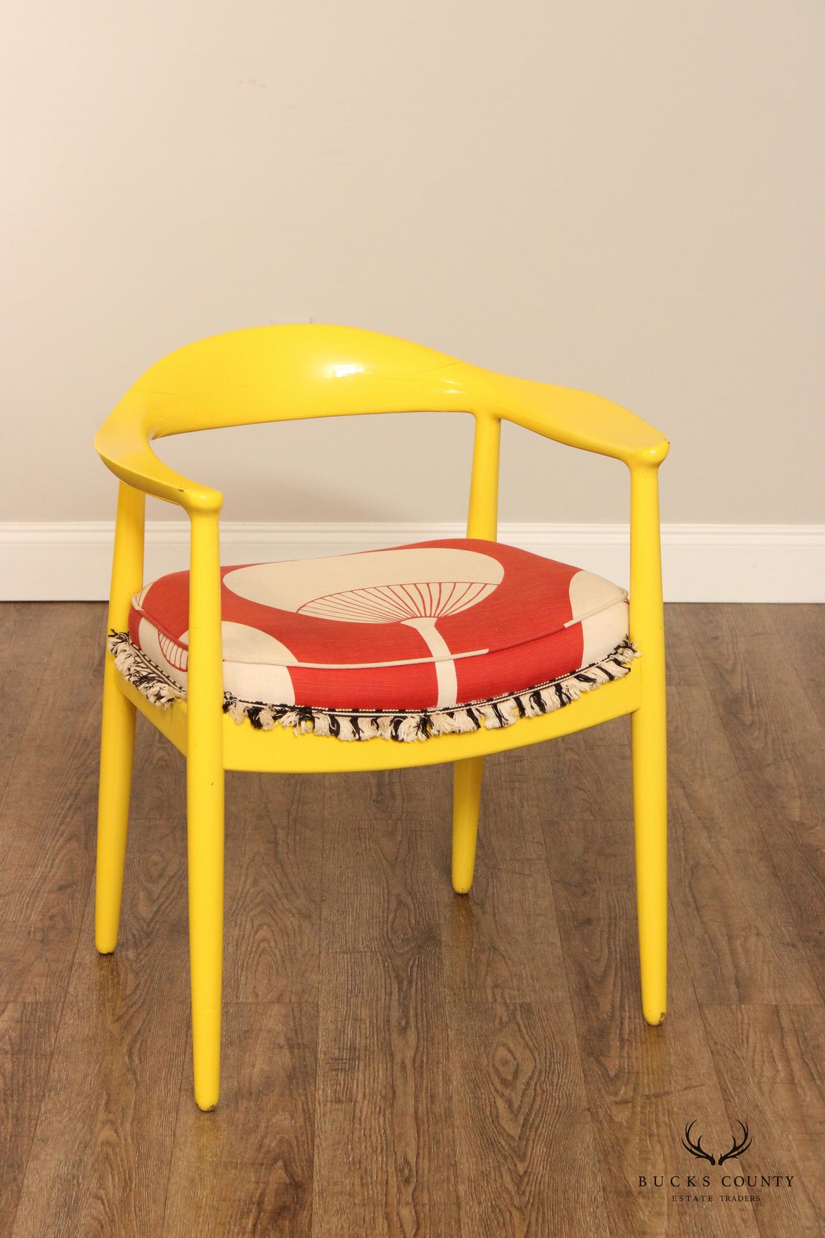Vintage Mid Century Modern Pair Of Yellow Barrel Back Dining Chairs With Graphic Upholstery
