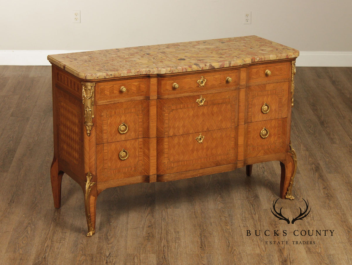 Antique French Louis XV Style Marquetry Marble Top Commode