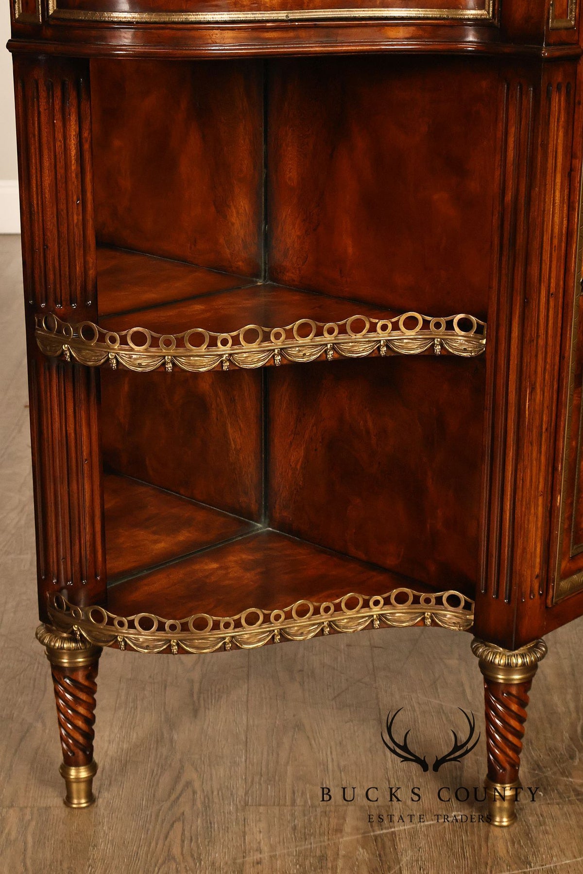 Theodore Alexander French Louis XVI Style Burl Wood Brass Mounted Gallery Top Pair Of Side Cabinets