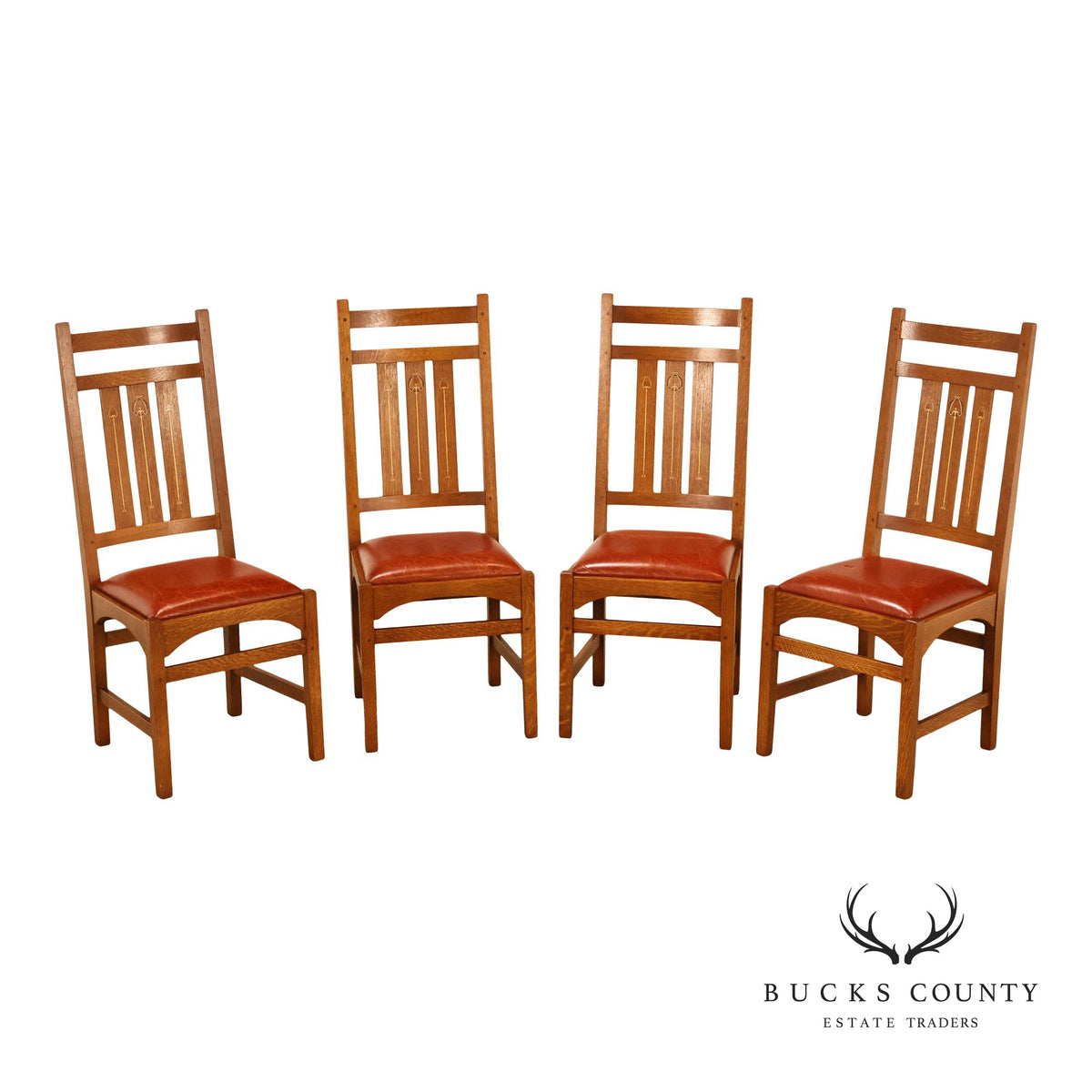 Stickley Harvey Ellis Set of Four Inlaid Oak and Leather Dining Chairs