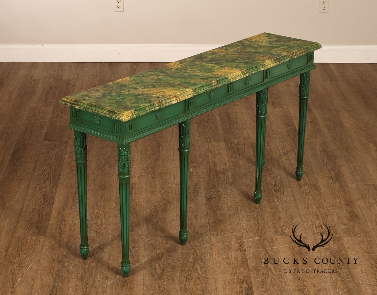 Neoclassical Style Narrow Custom Quality Console Table With Faux Marble Top
