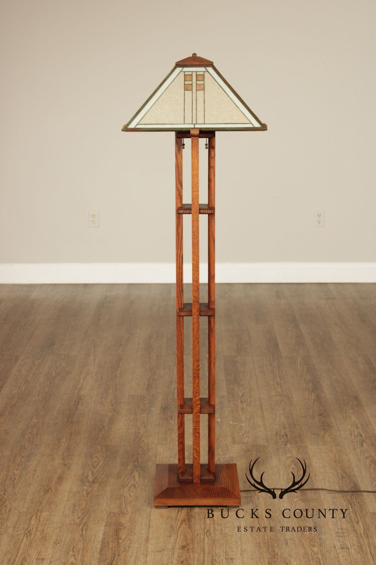 Pair Michael Adams – Aurora Studios Prairie School Oak & Stained Glass Floor Lamps