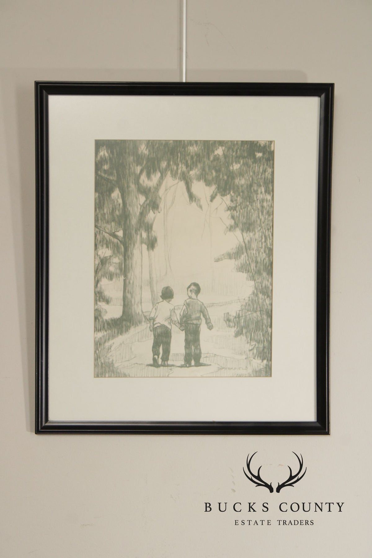 W. Cortland Butterfield Framed Drawing, Children in a Wood
