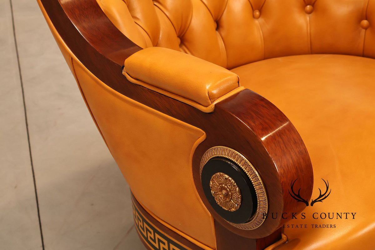 Mariner Leather Swivel Office Chair With Tufted Back And Carved Mahogany Base