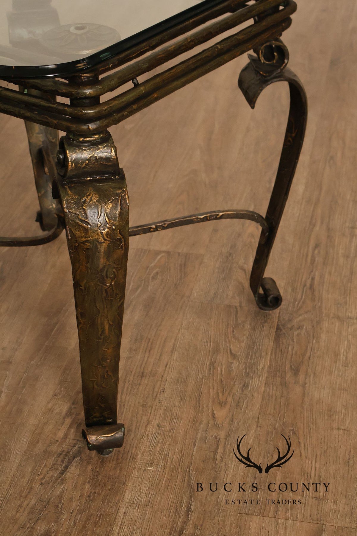 Neoclassical Revival Glass Top Metal Accent Table