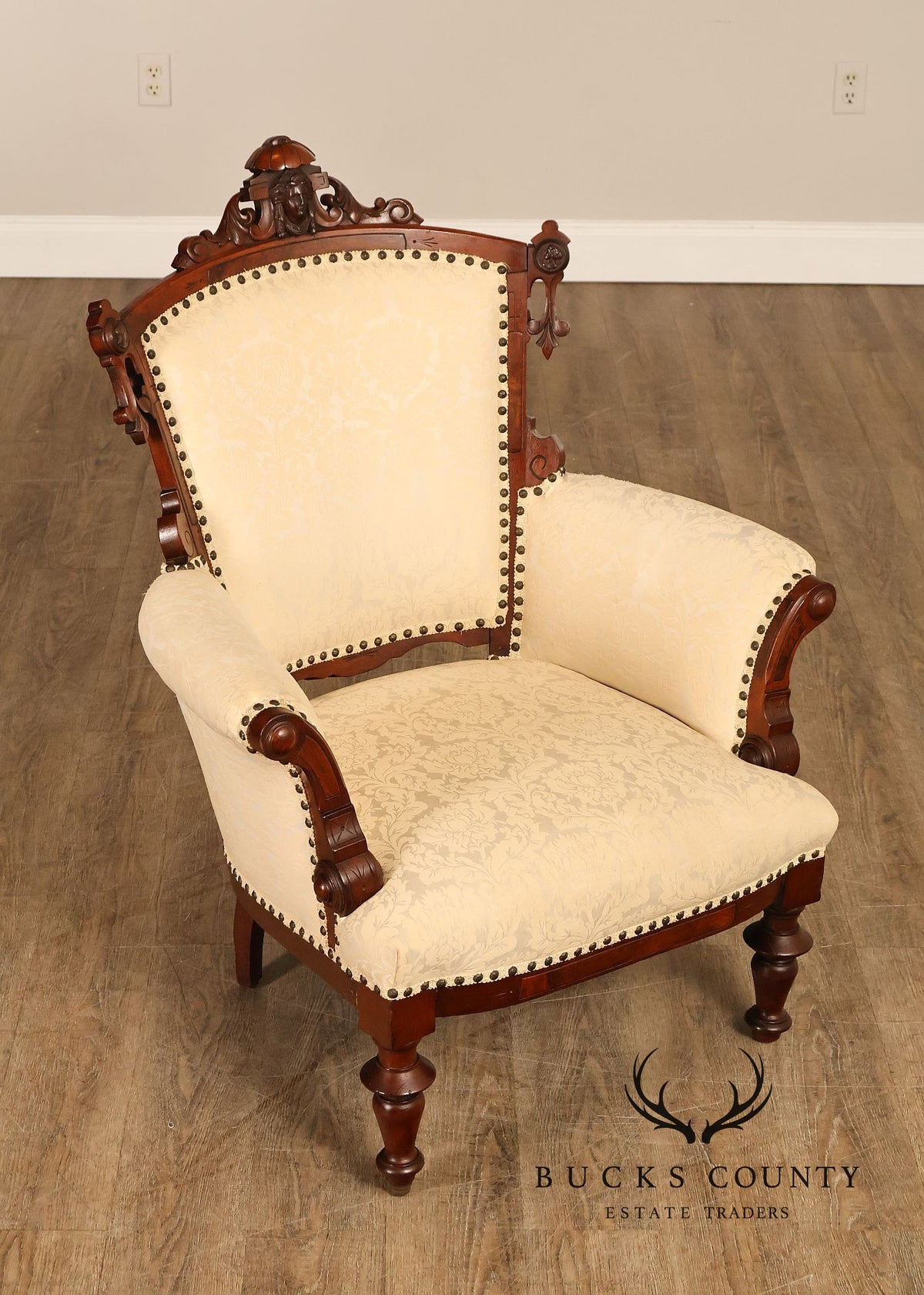 Antique Victorian Carved Walnut Parlor Armchair