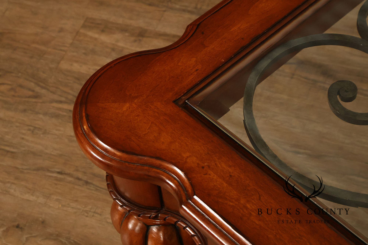 Ethan Allen Tuscany Glass Top Coffee Table With Iron Scroll Base