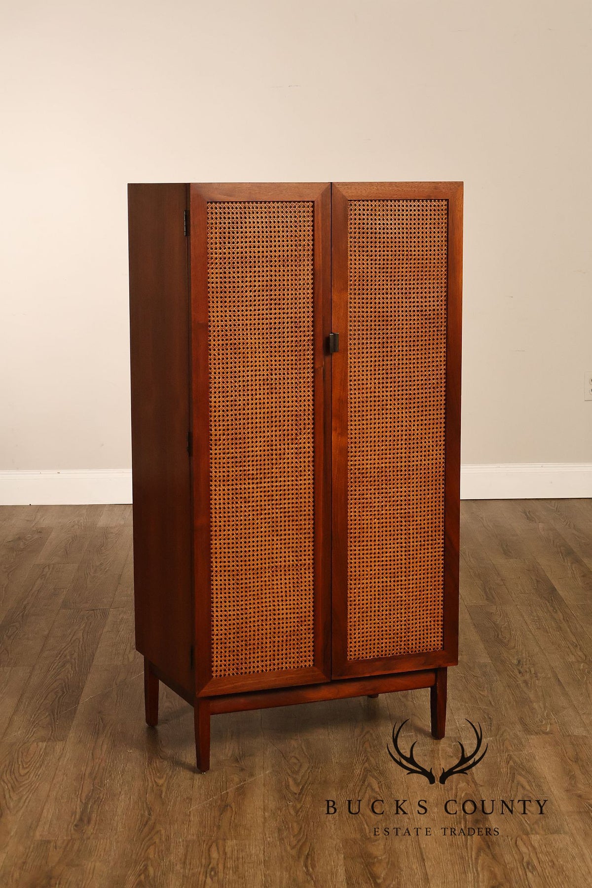 Mid-Century Modern Walnut Cane-Front Storage Cabinet