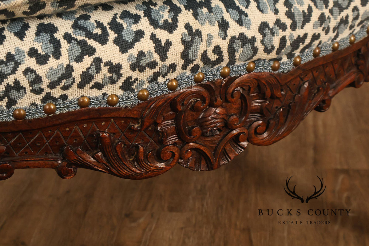 Vintage French Louis XV Style Carved Wood Leopard Upholstered Bergere Armchair