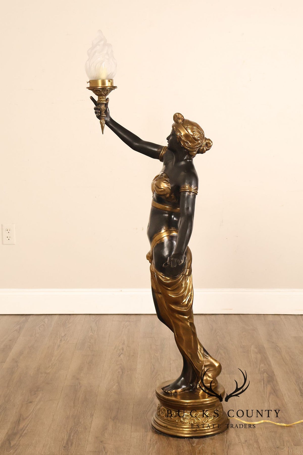 Neoclassical Style Pair Of Bronze Figural Torchere Floor Lamps