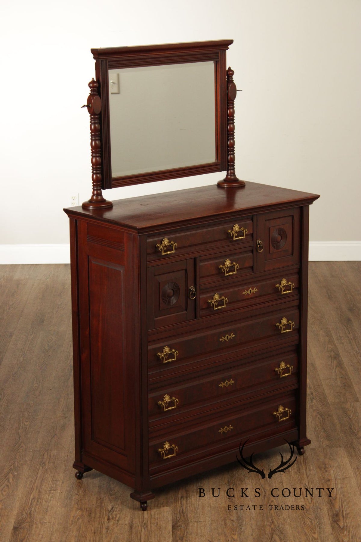 Antique Victorian Mahogany Bonnet Chest With Mirror