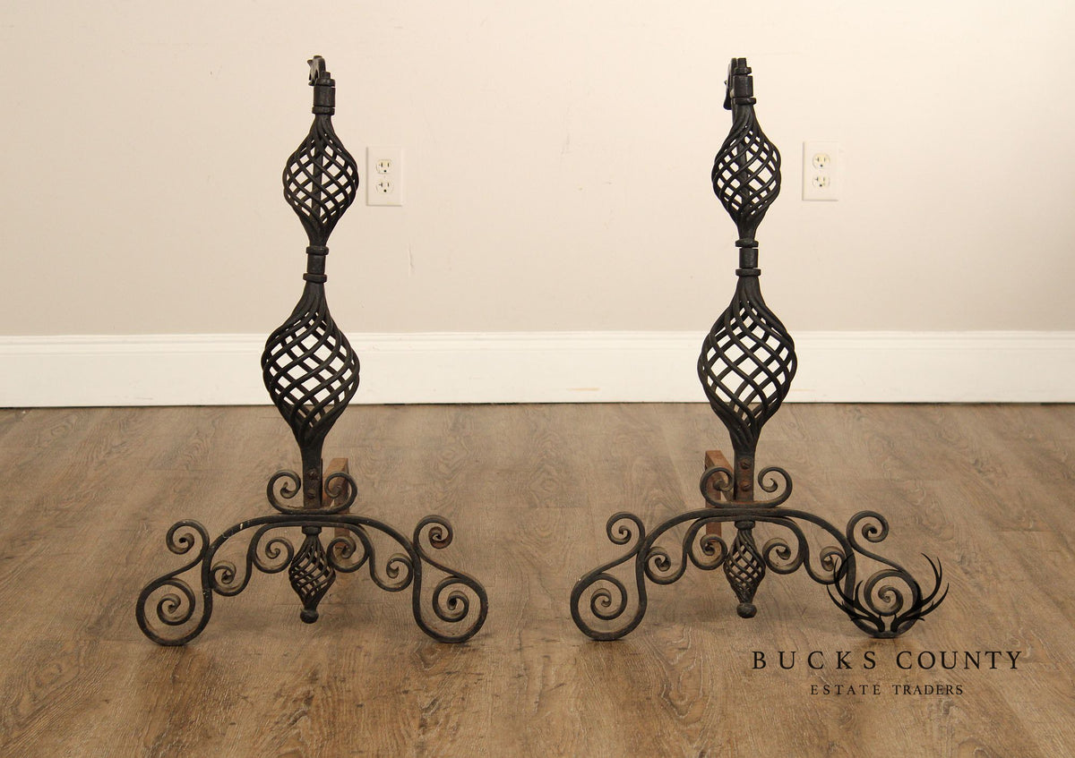 Arts & Crafts Pair of Scrolling Wrought Iron Andirons