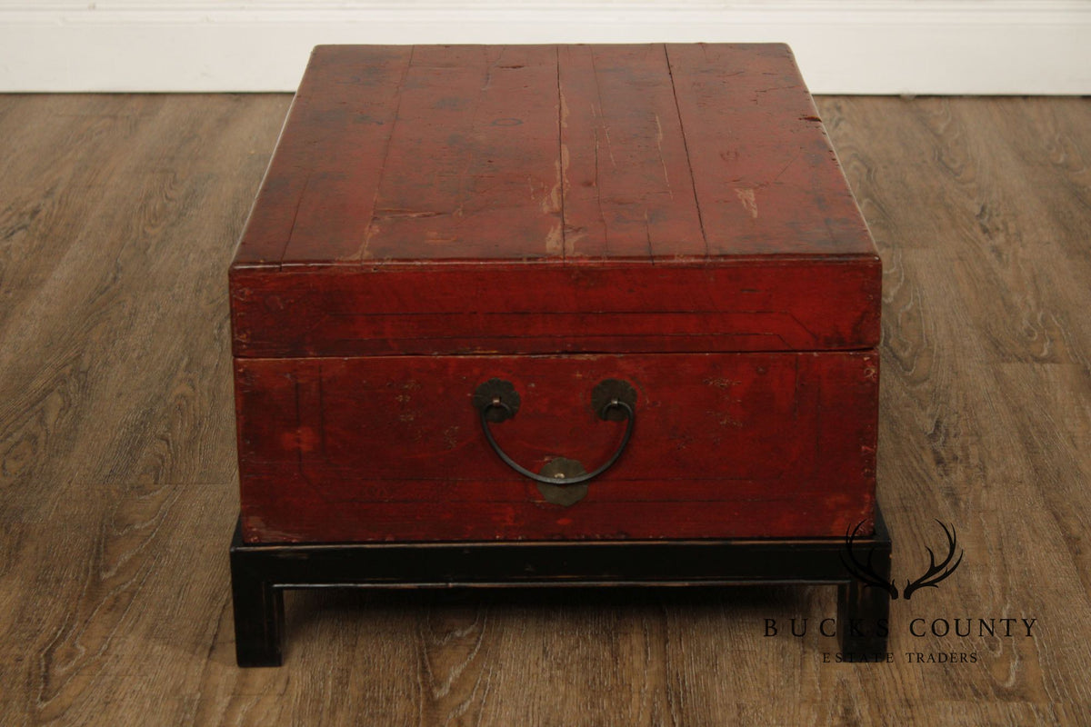 Chinese Export Style Red Lacquered Trunk With Brass Hardware On Custom Black Stand, Coffee Table