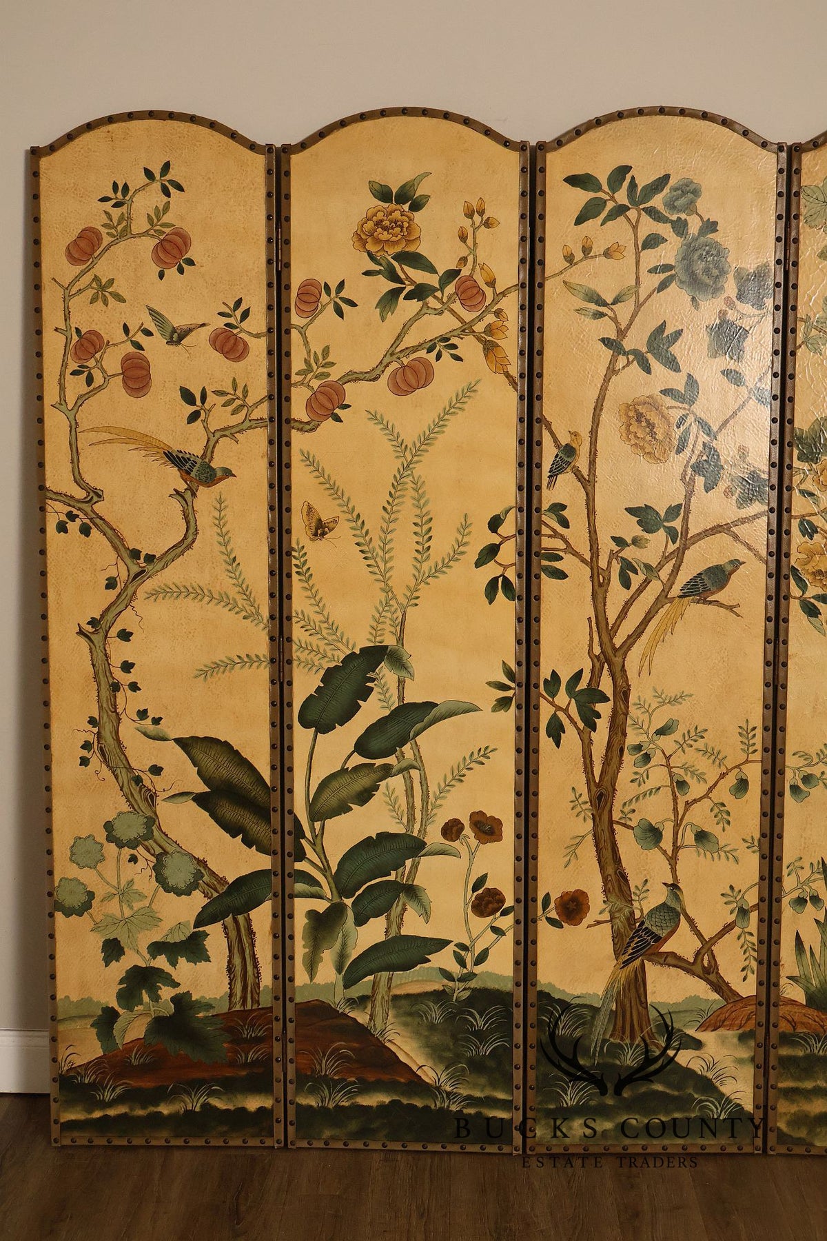 Decorative Crafts Chinoiserie Style Four Panel Hand-Painted Folding Screen