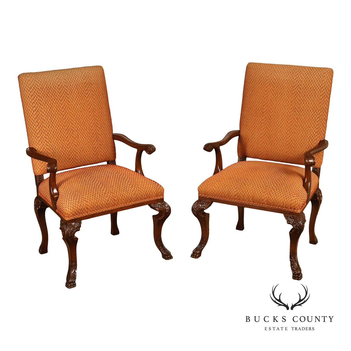 Vintage Chippendale Style Pair Of Carved Mahogany Upholstered Armchairs