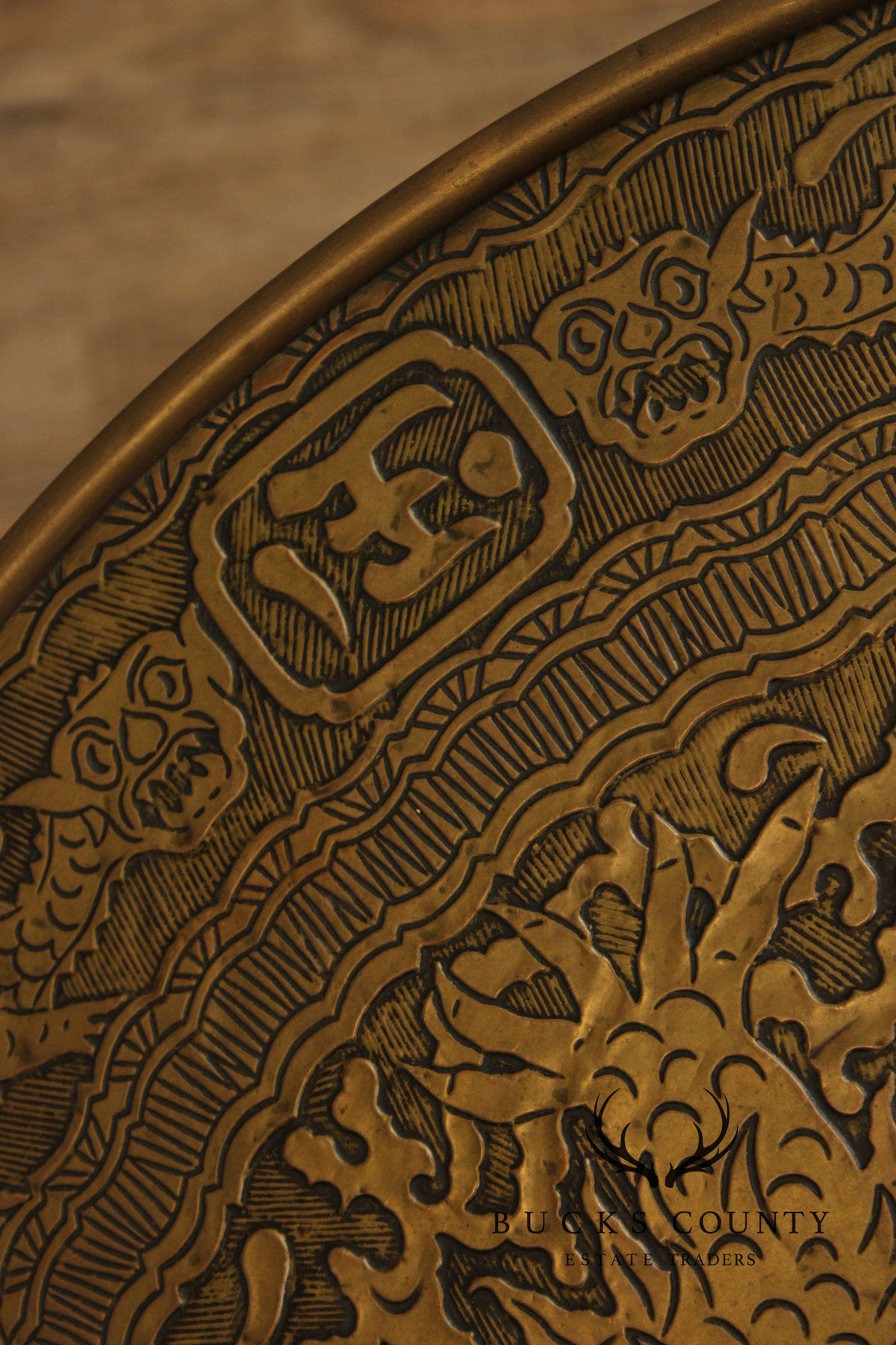 Chinese Style Bronze Top And Wood Base Accent Table With Dragon Motif