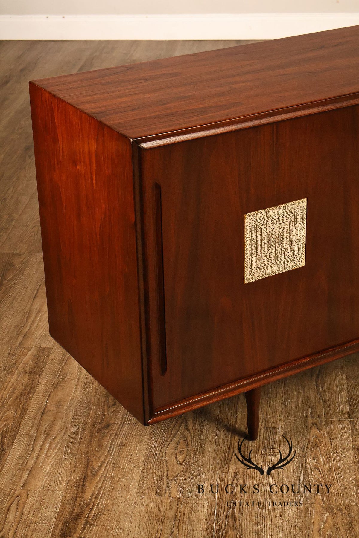 Mid Century Modern Walnut Buffet Sideboard With Decorative Tile Inlays