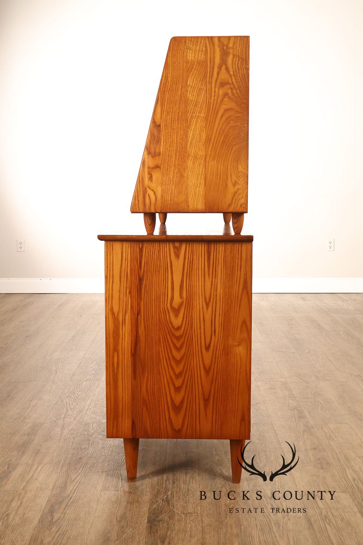 Mid Century Modern Two-Piece Oak and Glass China Cabinet