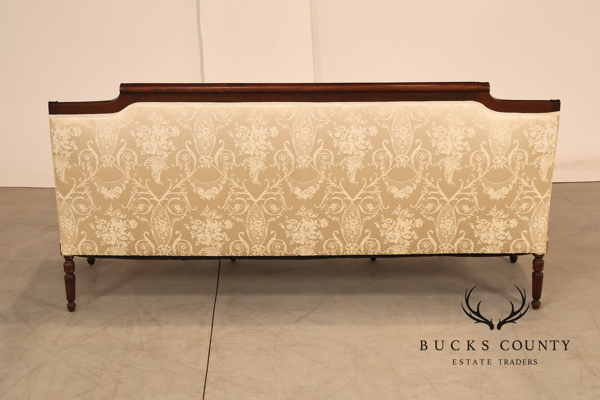 Federal Sheraton Style Upholstered Sofa With Carved Wood Frame