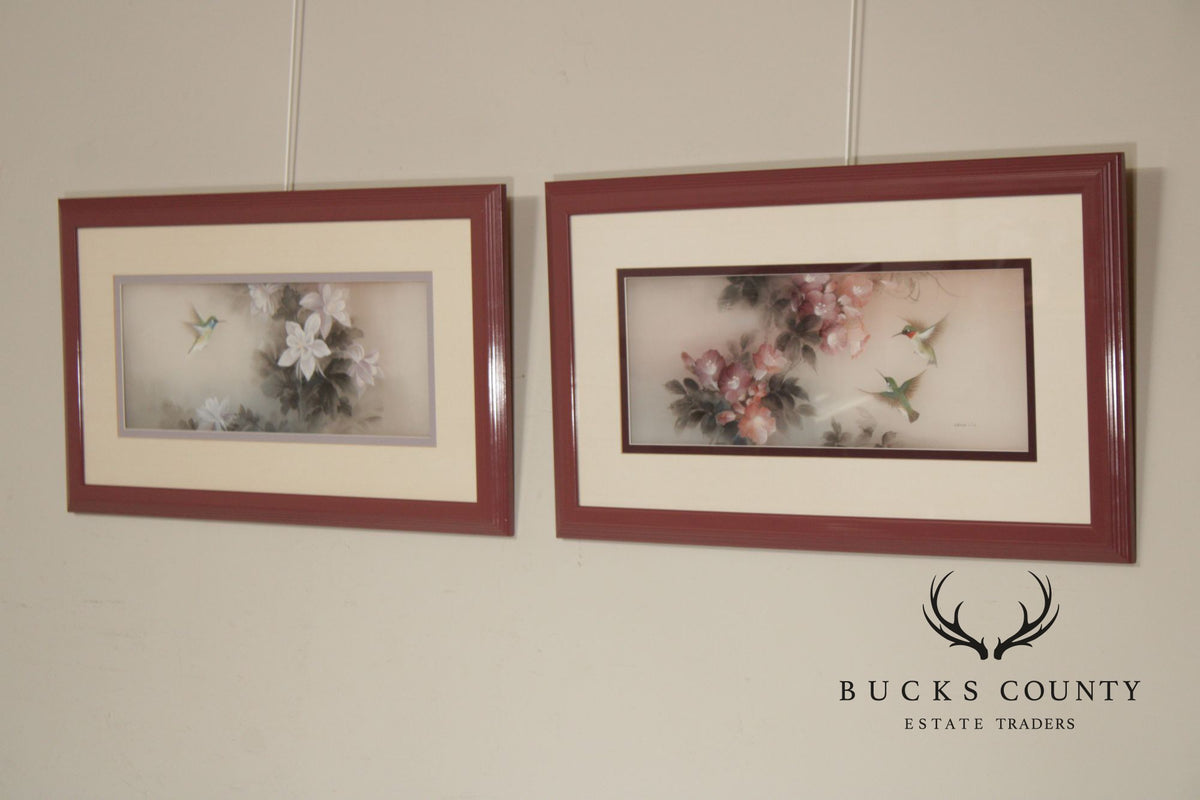 Lena Liu Chinese Pair of Bird and Flower Paintings on Silk