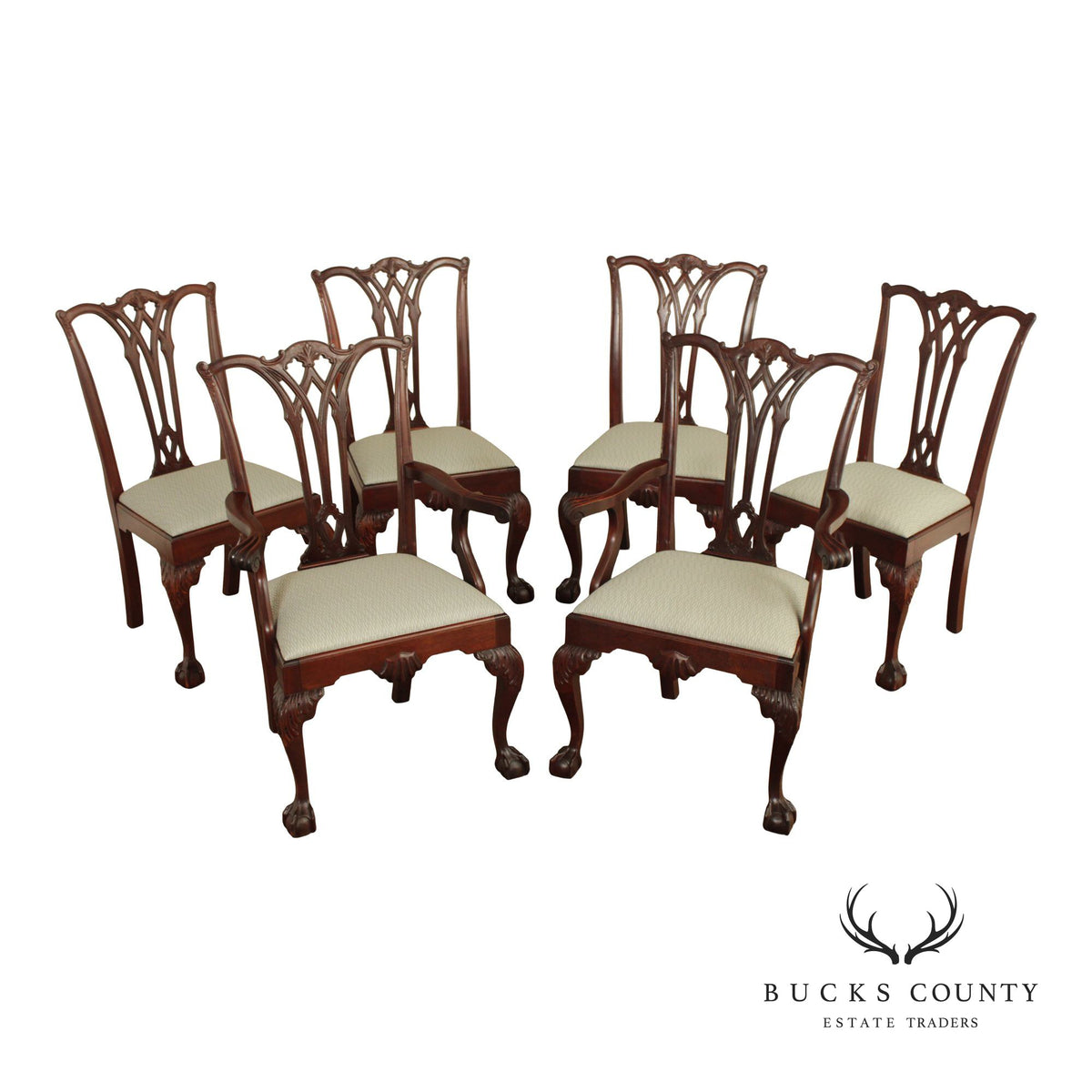Antique Chippendale Style Set of Six Carved Mahogany Dining Chairs