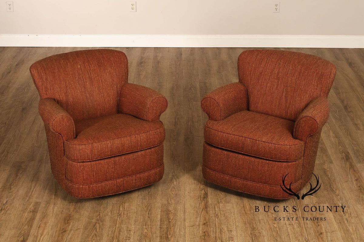 Leggett & Platt Pair Of Upholstered Swivel Glider Club Chairs With Round Ottoman