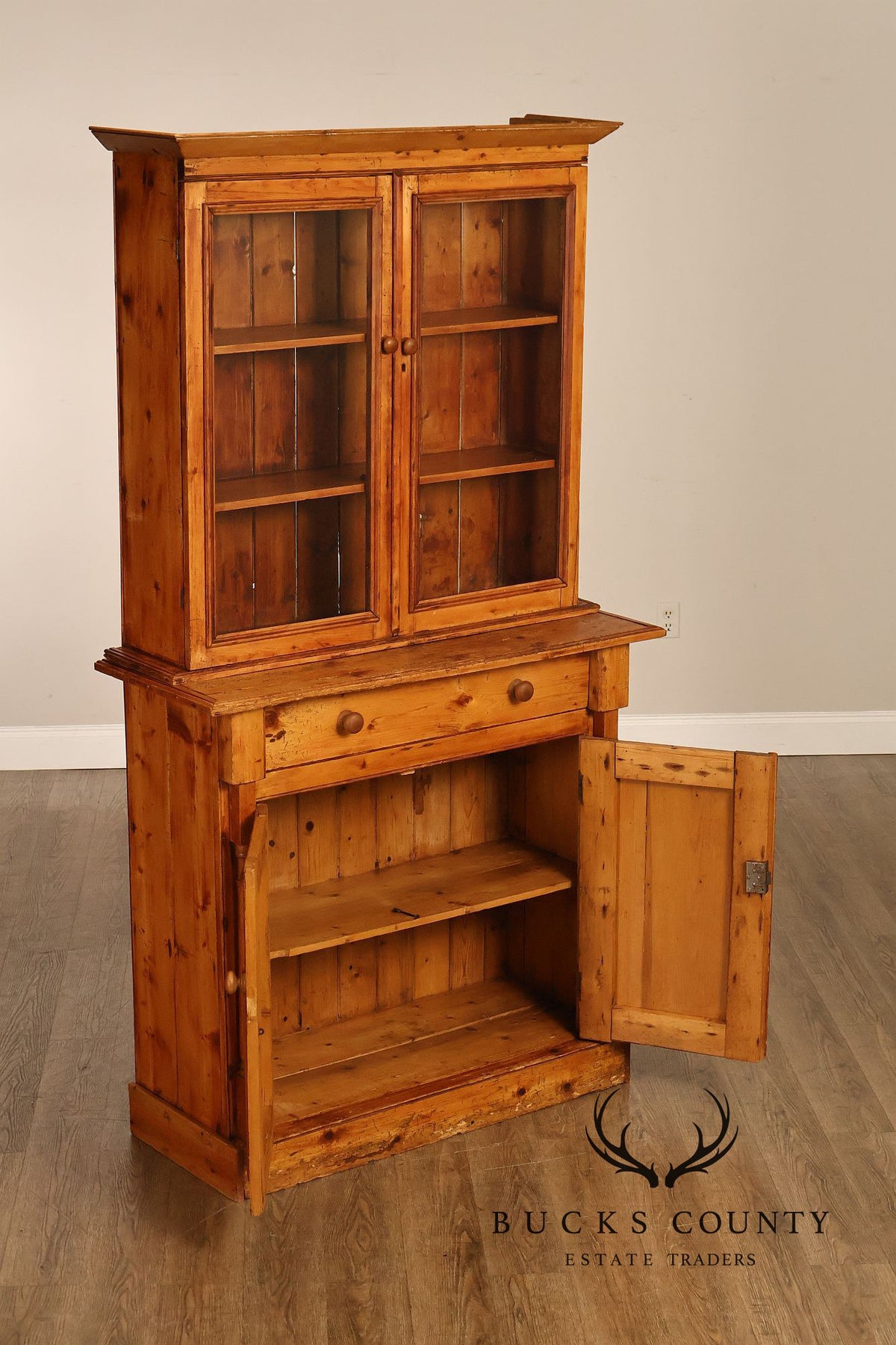 Antique Pitch Pine Four Door Stepback Cupboard With Glass Doors And Drawer