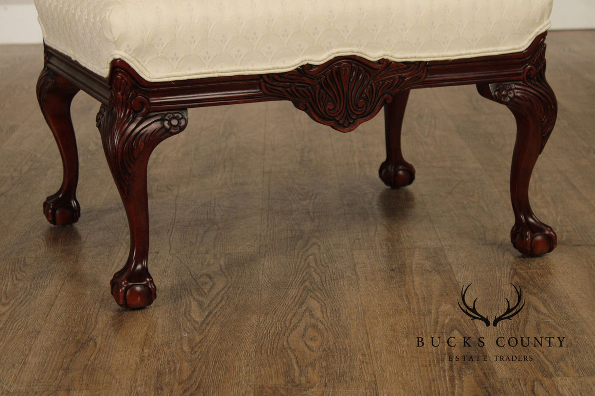 Thomasville Pair Of Chippendale Style Mahogany Upholstered Ottomans