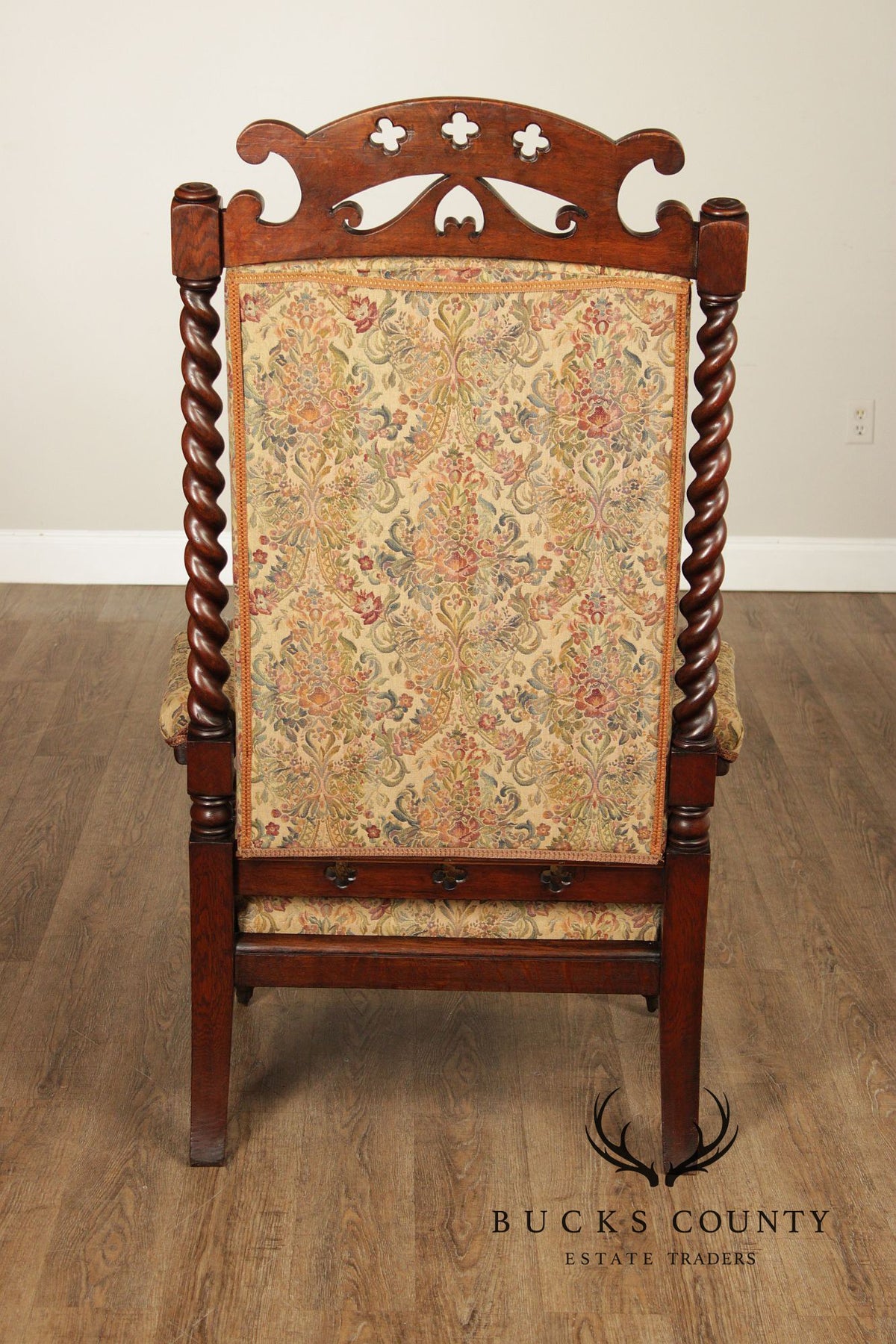 Antique Gothic Revival Barley Twist Carved Oak Throne Chair