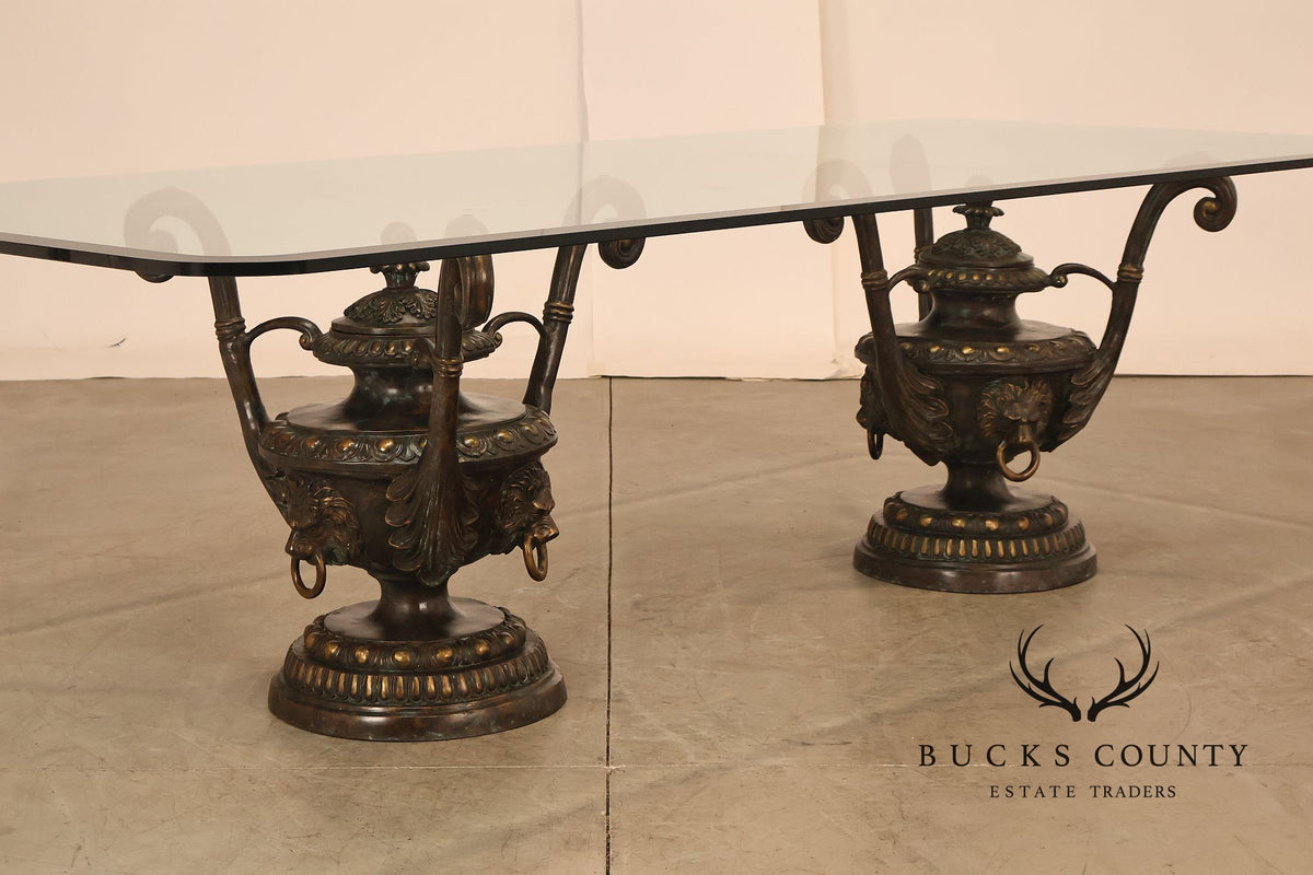 Monumental Brass Urn Form Double Pedestal Glass Top Dining Table