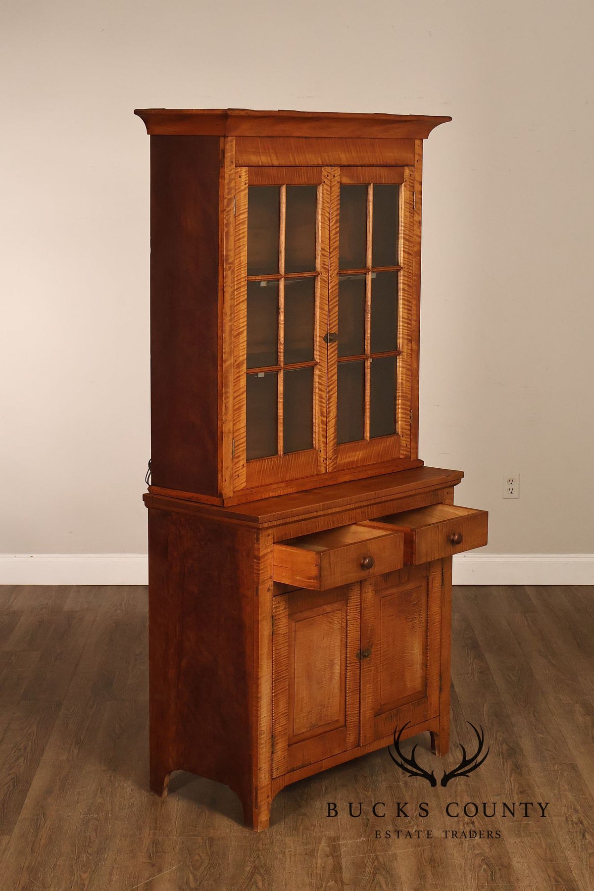 Bench Made Tiger Maple And Cherry Two Piece Stepback Hutch Cabinet