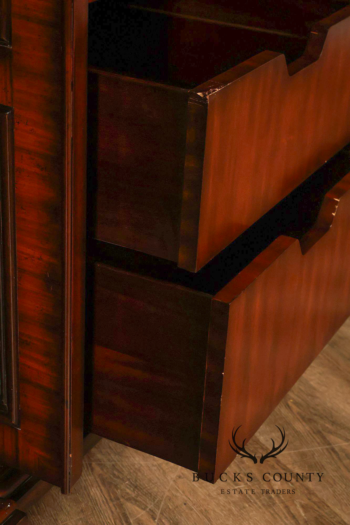 Maitland-Smith Large Mahogany Armoire Cabinet With Bronze Scrollwork Finials And Raised Panel Doors