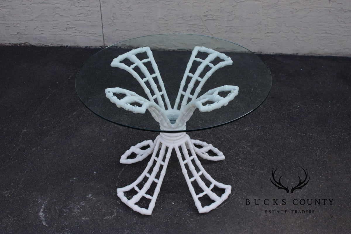 Hollywood Regency Cast Aluminum Faux Bamboo Round Glass Top Patio Table