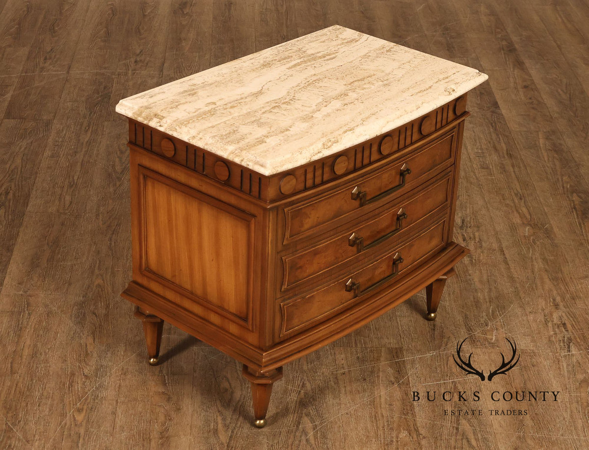 Pair Of Neoclassical Style Travertine Top Three Drawer Nightstands