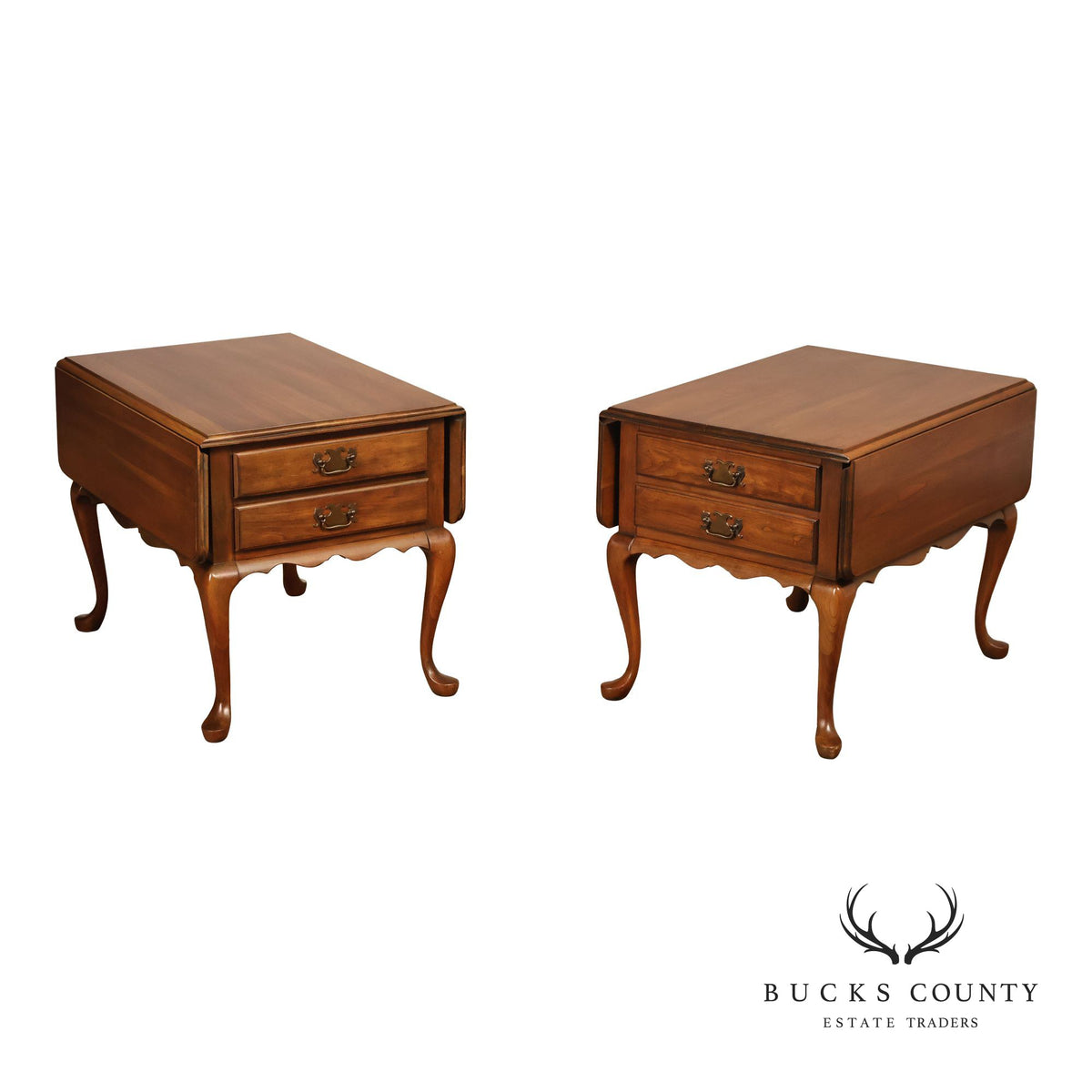 Pennsylvania House Vintage Pair Of Queen Anne Style Cherry Drop Leaf Two-Drawer End Tables
