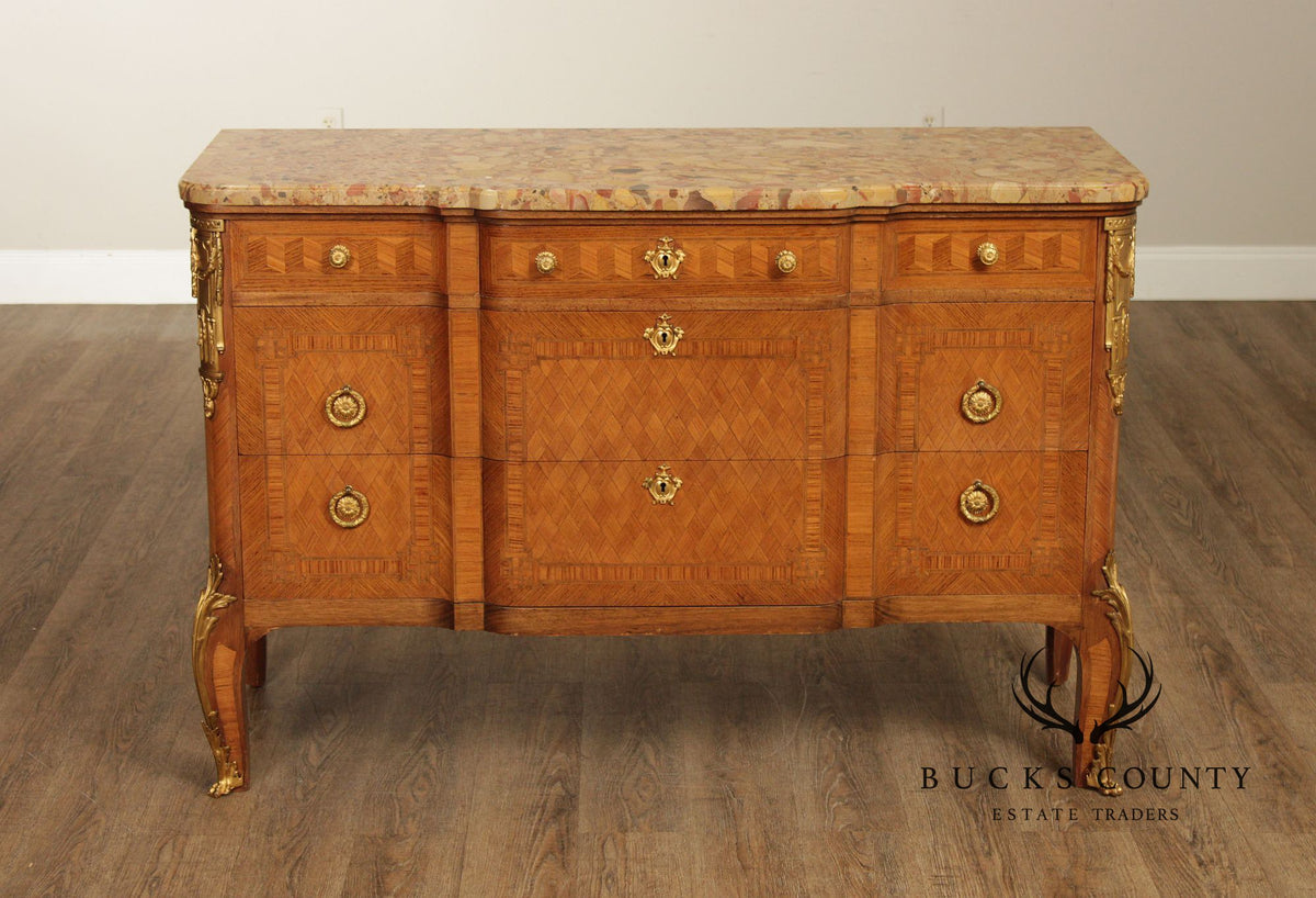 Antique French Louis XV Style Marquetry Marble Top Commode