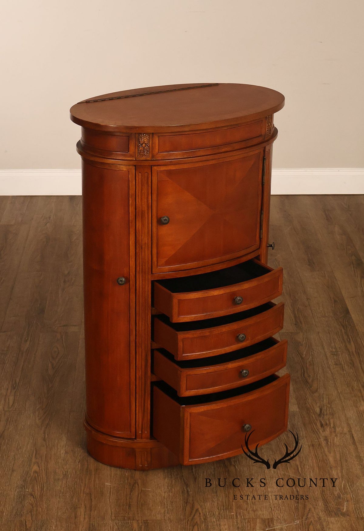 Oval Burl Wood Jewelry Armoire With Lift Top And Side Doors