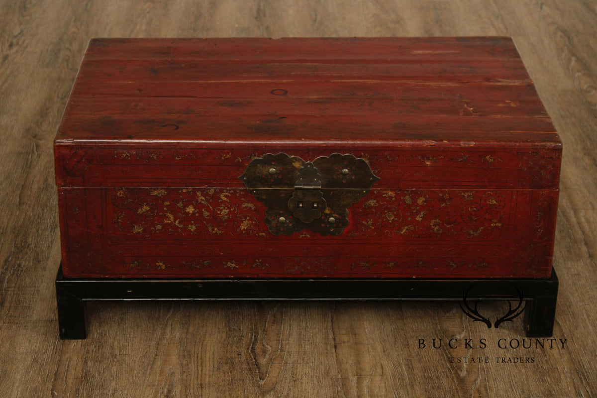 Chinese Export Style Red Lacquered Trunk With Brass Hardware On Custom Black Stand, Coffee Table