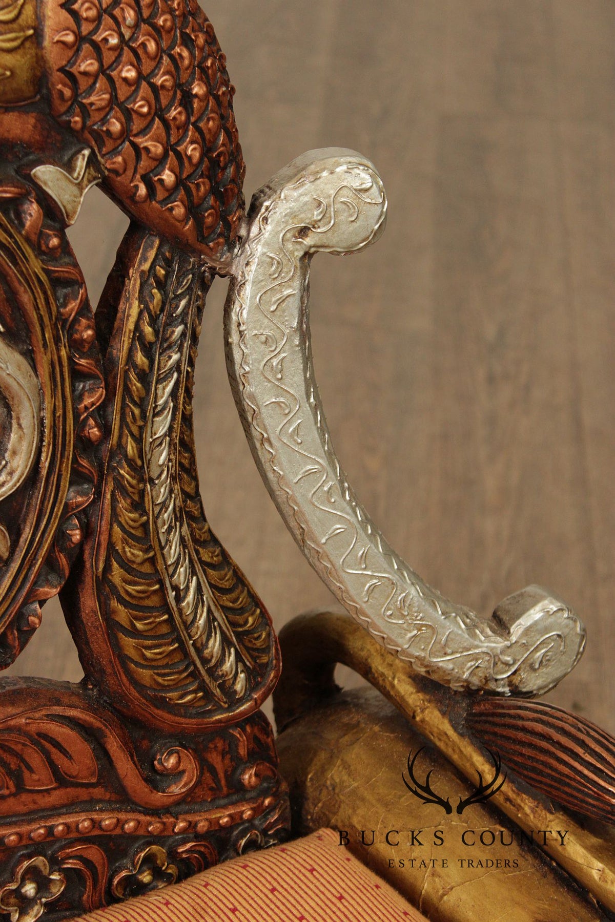 Hand Carved Painted And Gilt Lion And Peacock Motif Pair Of Throne Chairs